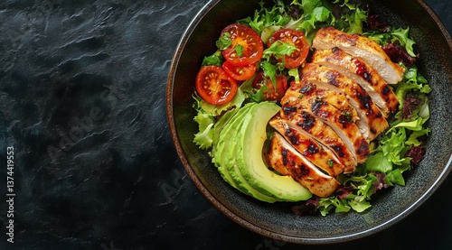 Grilled Fish Fillets Served on Fresh Salad With Colorful Vegetables and Dressing