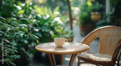 Coffee on a Table Surrounded by Greenery in a Serene Garden Location During M...