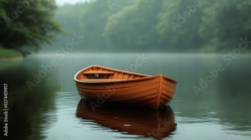 Calm Wooden Boat Floating on Serene Lake Surrounded by Misty Trees in Early M...