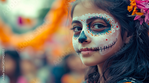 A glamorous woman with a painted face wearing a masquerade mask at a carnival party