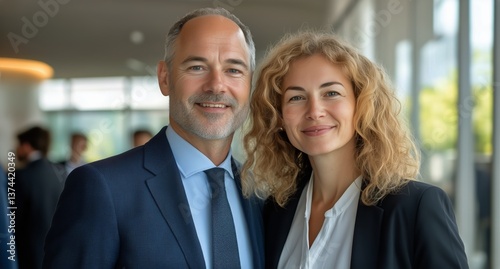 Professional Couple Smiling Together in Modern Office Setting During Daytime