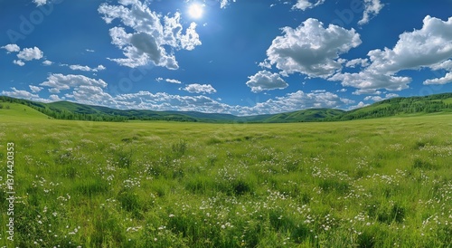 Vast Green Meadow Under Bright Blue Sky With Fluffy Clouds in a Serene Landscape