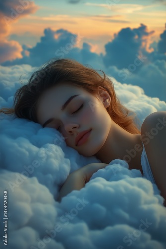Relaxing Retreat With Serene Woman Resting in Fluffy Clouds During Gentle Sun...