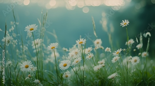 Daisies Bloom in a Lush Green Meadow Under Soft Sunlight Creating a Serene At...