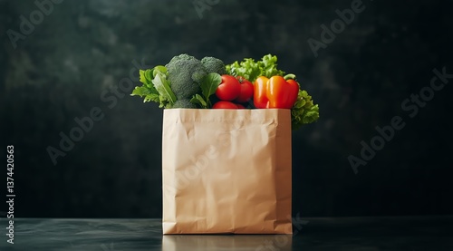 Colorful Fruits and Vegetables in a Brown Paper Bag on a Dark Background