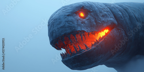massive leviathan sea creature with glowing eyes and fiery mouth emerges from mist, evoking awe
