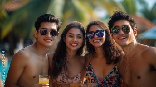 Group of Young Friends Enjoying Tropical Drinks by Poolside During Summer Vac...