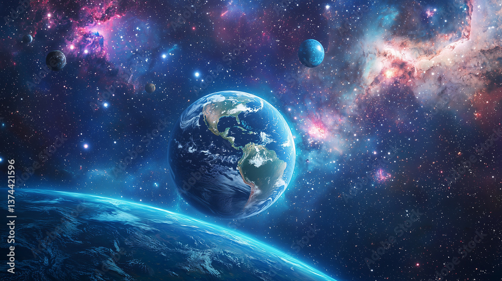Obraz premium Earth in space with the sun shining, surrounded by stars and the vast cosmos