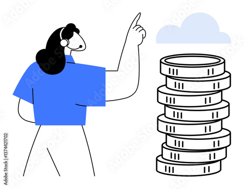 Woman gestures towards a cloud above a pile of coins, suggesting online savings, investments, and economic stability. Ideal for finances, banking, technology, cloud storage, growth planning