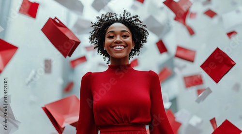 Joyful Shopper in Red Coat Surrounded by Falling Confetti and Gifts in a Fest...
