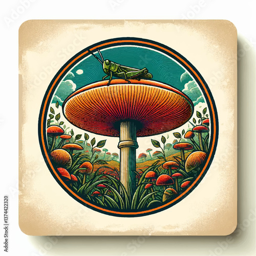 bright orange mushroom with green grasshopper in the grass , vector vintage art illustration