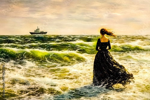 A graceful girl in a long black dress standing against the backdrop of the sea and a distant ship, capturing elegance and serenity in a maritime setting