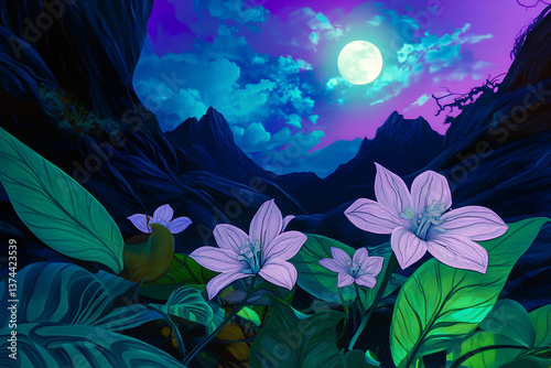 Enchanting fantasy landscape featuring glowing flowers under a luminous full moon, creating a magical and dreamlike atmosphere in a mystical night setting
