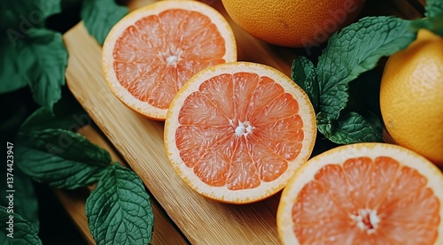 Grapefruit and Fresh Mint on a Wooden Board in Soft Sunlight