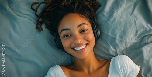 Young Woman Relaxing on Bed With Headphones, Enjoying Music and Smiling Brightly
