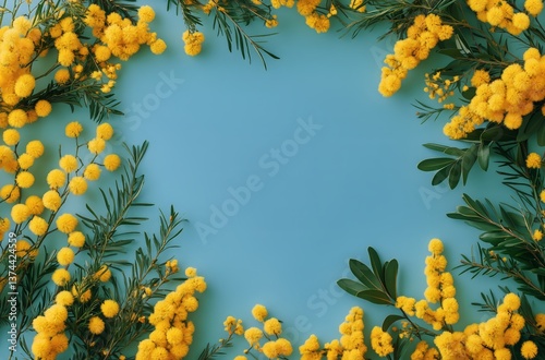 Bright Yellow Mimosa Flowers Arranged Around a Blue Background Creating a Vib...