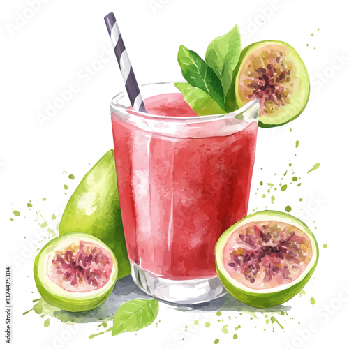 A watercolor of guava juice, isolated on a white background. Guava Juice vector.

