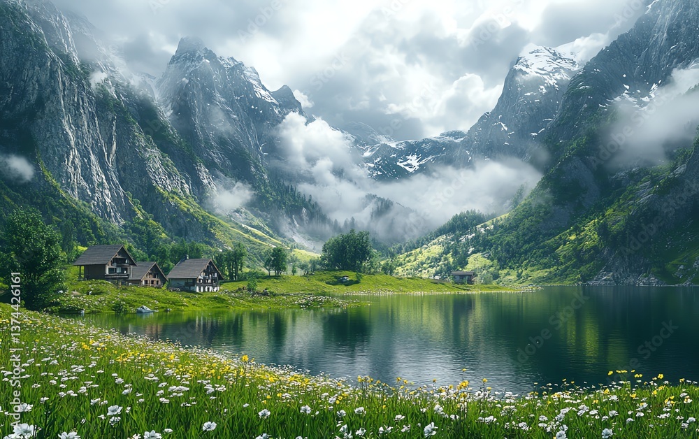 Fototapeta premium Serene mountain lake, wildflowers, cabins, mist.
