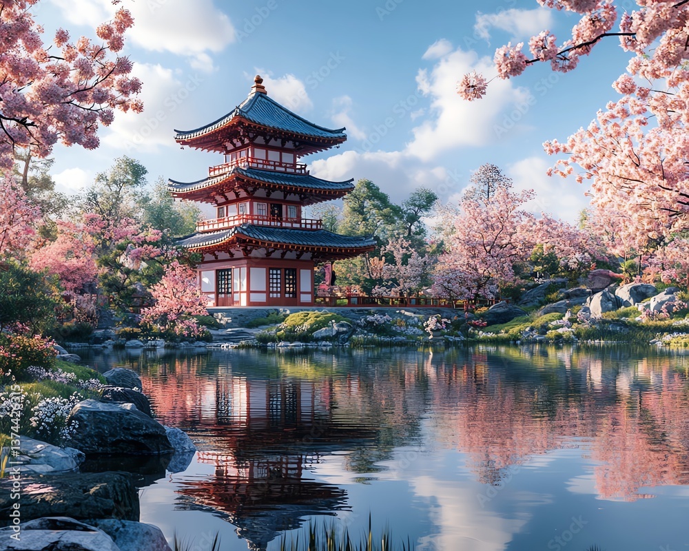 Naklejka premium A serene Japanese cherry blossom garden in full bloom, with a traditional pagoda and a tranquil pond, peaceful and picturesque travel destination, ultrarealistic, 8K resolution
