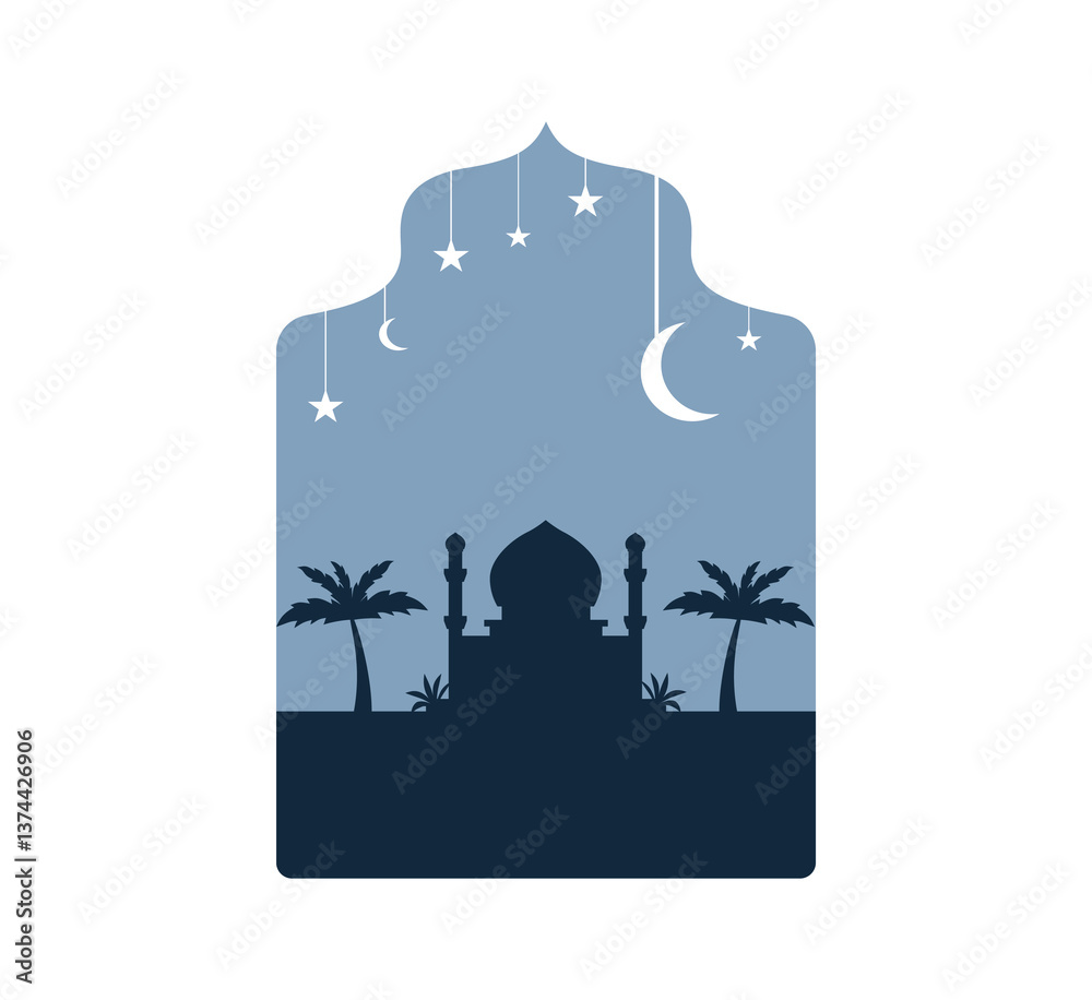 Mosque Silhouette Illustration. Flat Style. Modern beautiful design in pastel colors with mosque, moon crescent, stars in the sky, and tree.
