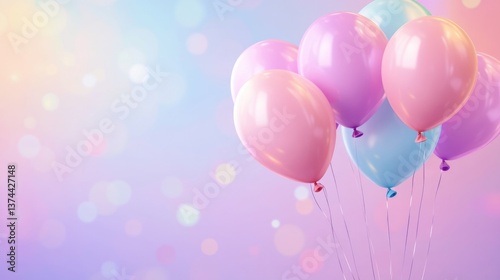 Set of colorful realistic helium balloons floating on blurred background, birthday party celebration. Vivid pastel symbols for birthday, party, wedding, promotion banners, or posters.
