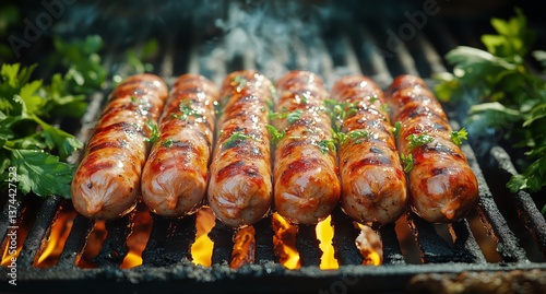 Grilling Sausages on a Barbecue With Fresh Herbs During a Summer Cookout