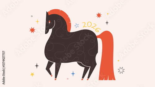 Vector illustration with Horse, symbol of 2026 year according Chinese calendar. Print design with animal for greeting cards, posters, banners. Year of the Horse. Happy Chinese New year