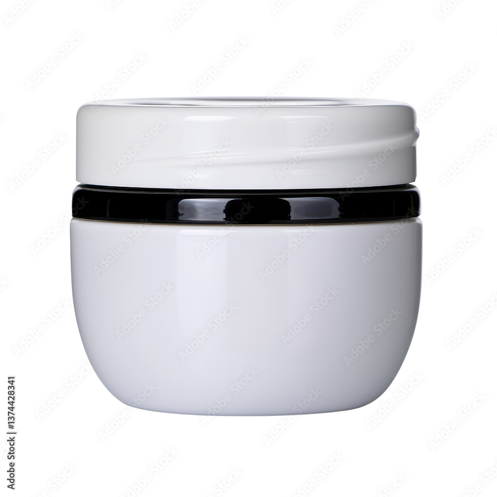 White cosmetic jar with a sleek design and black accent. White cosmetic jar with a sleek design and black accent.