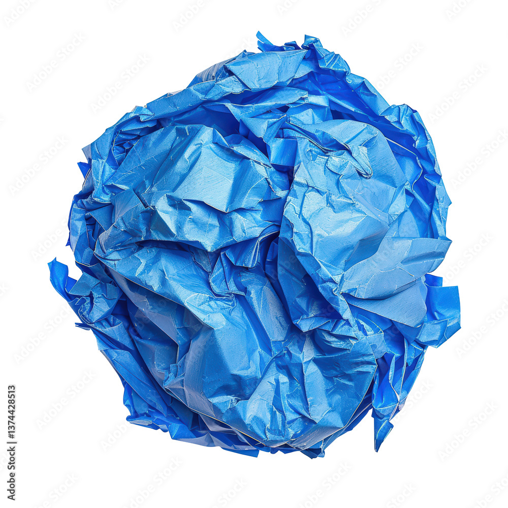 Fototapeta premium Blue crumpled paper ball isolated on transparent background. 
