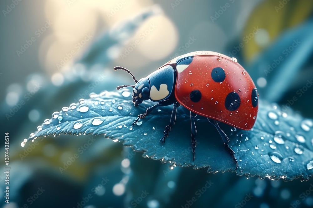 Obraz premium Ladybug resting on a leaf covered in morning dew showcasing vibrant colors and intricate details