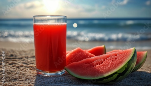 Refreshing Watermelon Drink on Sandy Beach at Sunset