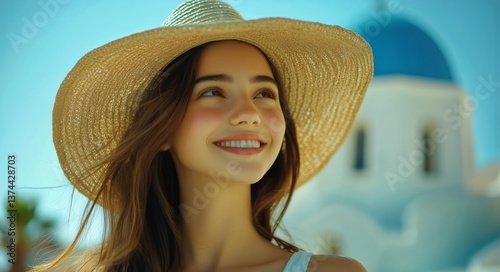 Young Woman in Straw Hat Smiles Against Blue Dome in a Sunny Mediterranean Se...