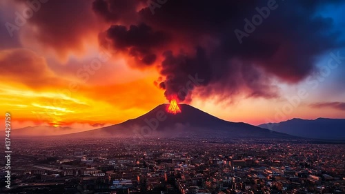 Erupting volcano spews ash and lava at sunset over nearby city landscape