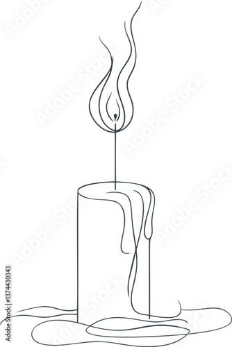 Line art of candle with flame and melting wax, minimalist vector illustration. Vector illustration