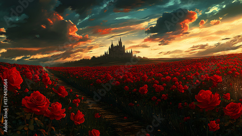 Endless rows of roses in full bloom, stretching across a meadow with a distant castle silhouetted against the horizon.