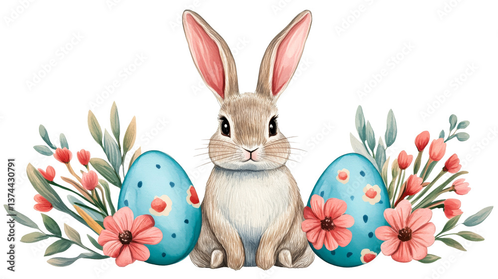 Obraz premium Easter Bunny, Eggs and Flowers, black background, cut out transparent