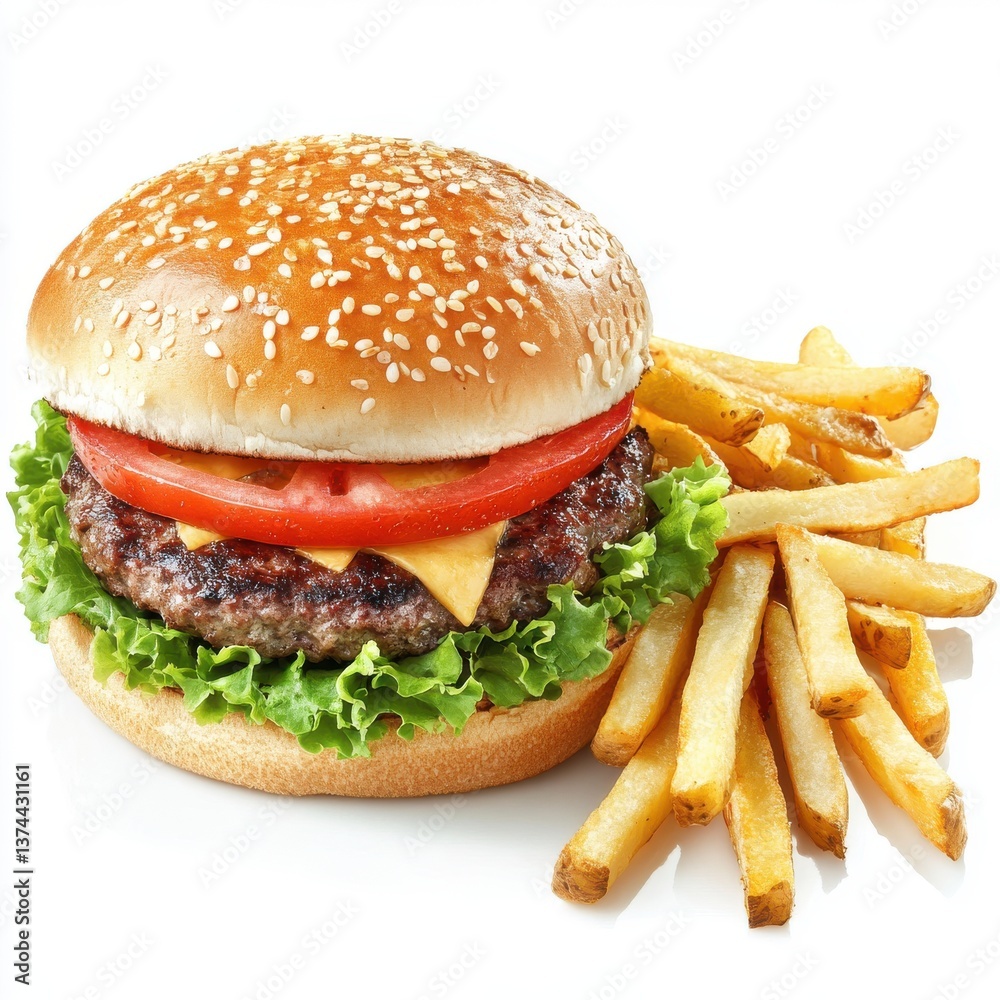 A juicy hamburger with sesame seed bun tomato lettuce cheese and a side of golden french fries A juicy hamburger with sesame seed bun tomato lettuce cheese and a side of golden french fries