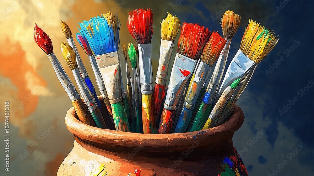 Fototapeta premium Colorful artbrushes cluster artistically inside a painted claypot studio background