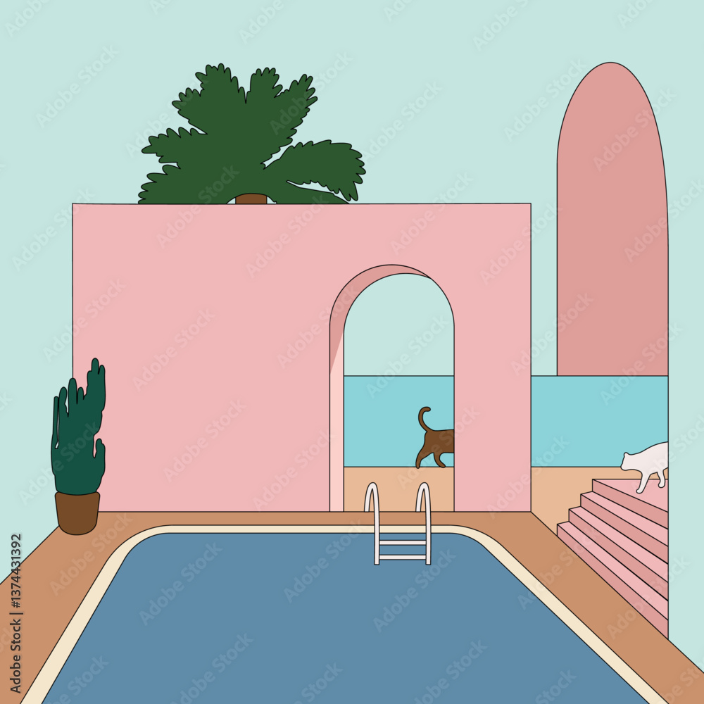 Dreamy Minimalist Pink Mediterranean Architecture with Pool and Palm Trees