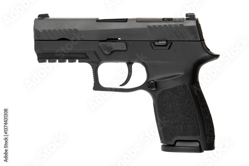 A black firearm captured in a close-up, displayed on a clean white surface.