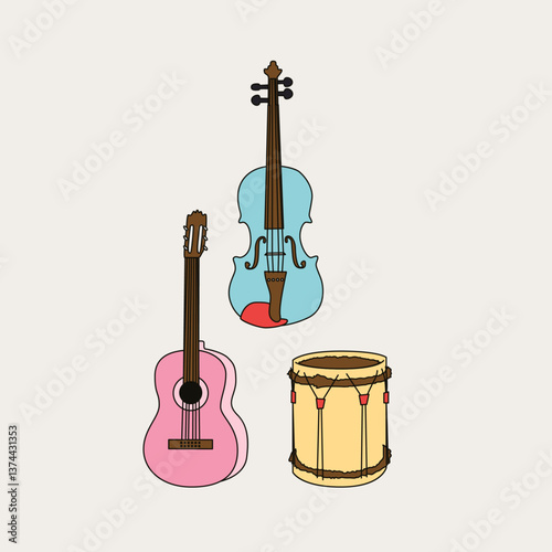 Acoustic Guitar, Violin, and Percussion Instruments Set