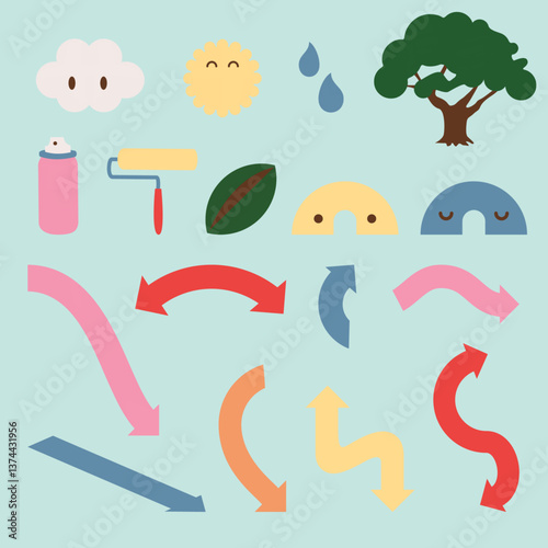 Abstract Colorful Emoji Elements with Trees and Arrows