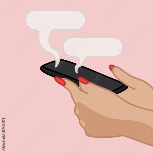 Minimalist Illustration of a Hand Holding a Smartphone with Speech Bubbles