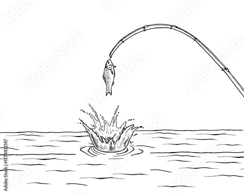 Vector illustration of a fish caught on a hook. This hand drawn black and white sketch captures the moment of a wild fish hanging mid air, perfect for fishing, seafood, and outdoor adventure designs