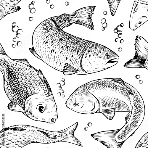 Seamless vector pattern of hand drawn fish swimming in various directions. This black and white vintage style illustration captures a dynamic underwater scene, for textiles, packaging and backgrounds