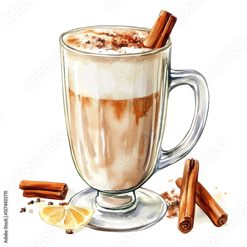 A watercolor of chai tea latte, isolated on a white background. Chai Tea Latte vector.

