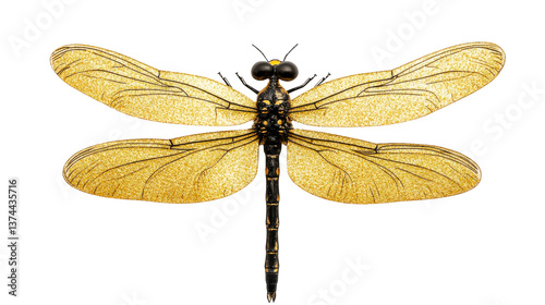 Dragonfly with translucent golden wings on a black background, cut out transparent