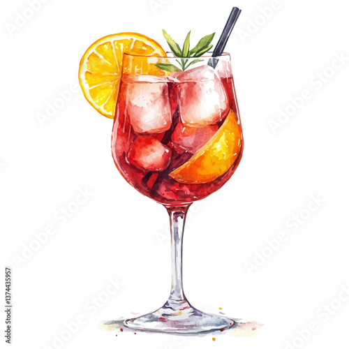A watercolor of Campari spritz, isolated on a white background. Campari Spritz vector.

