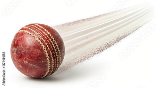 Worn red cricket ball in motion blur on white background with trailing dust, action concept of speed and game dynamics