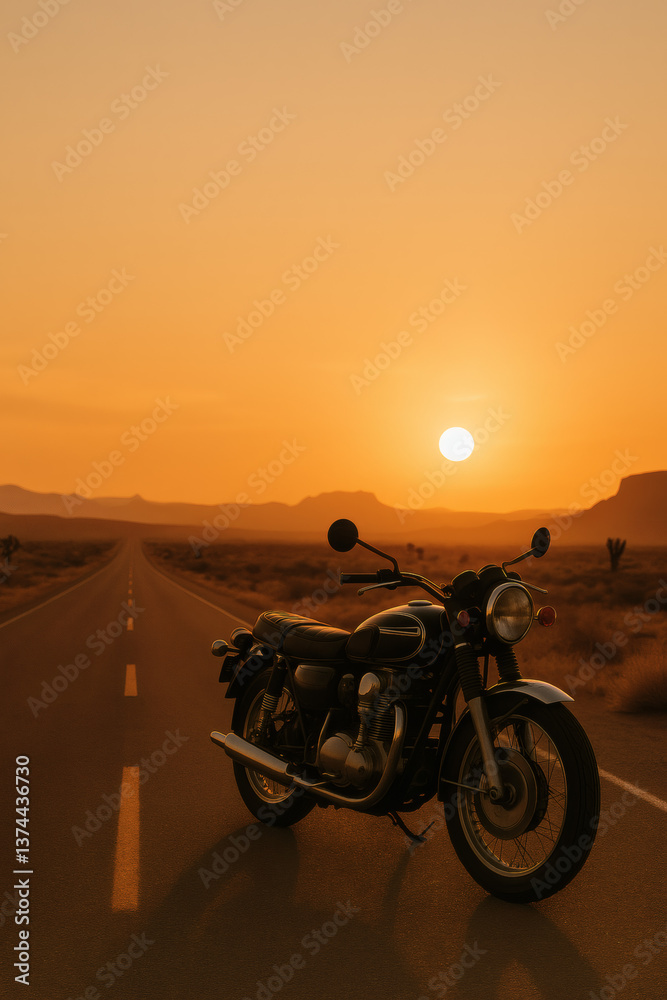 Fototapeta premium Vintage Motorcycle on Desert Road at Sunset